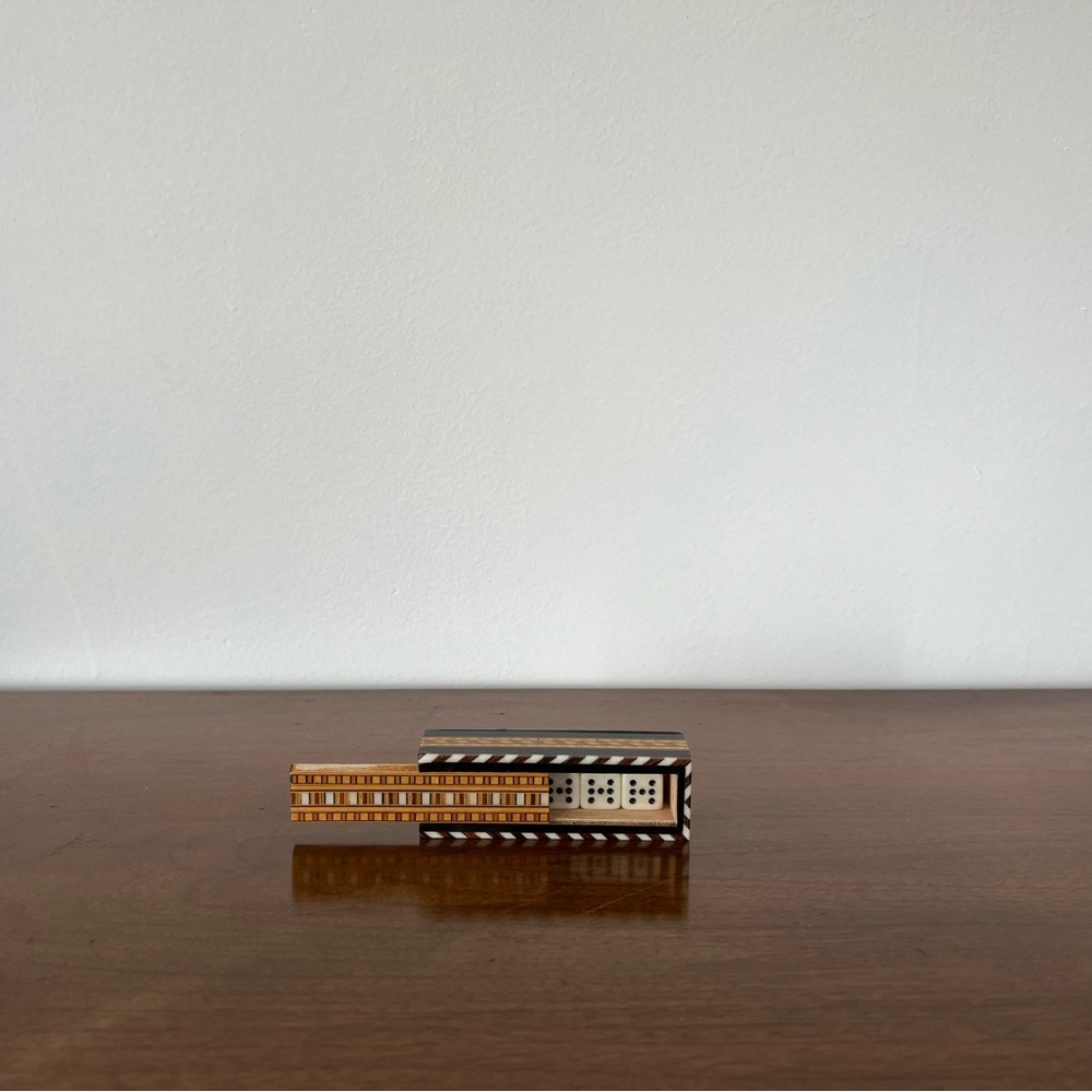 Vintage Lacquered Wood+Bone Mosaic Inlay Box with Dice